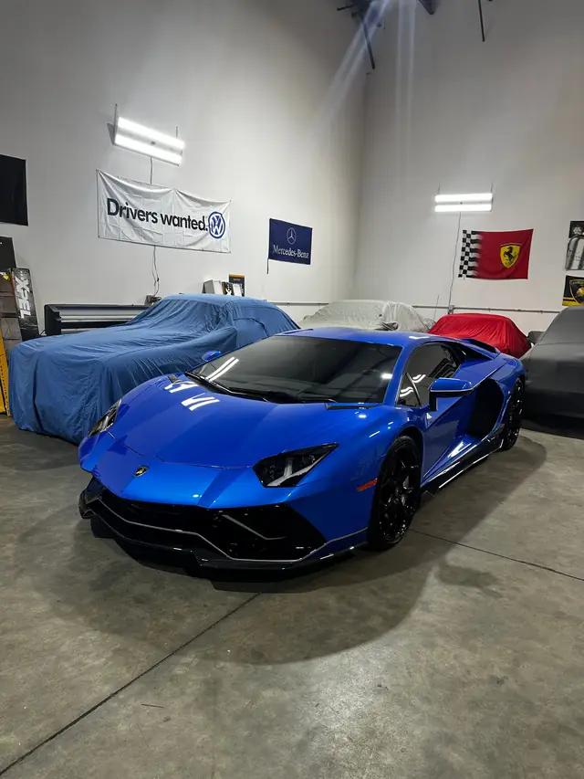 Blue Lamborghini Aventador beside covered cars